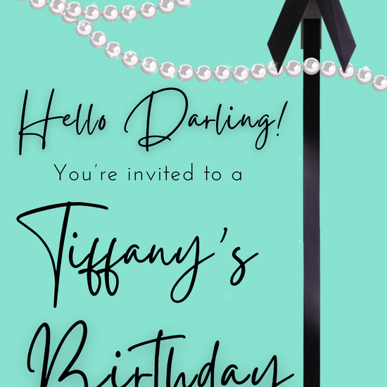 Breakfast at Tiffany’s party video invitation with Tiffany-blue background