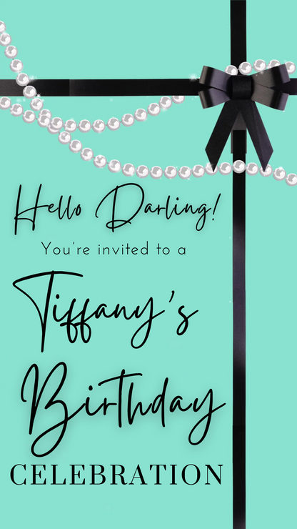 Breakfast at Tiffany’s party video invitation with Tiffany-blue background