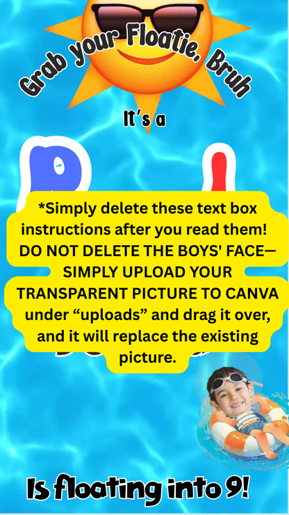 Smartphone displaying pool boy party video invitation with bright swim graphics