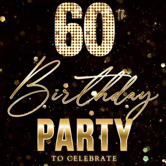 Editable black gold glitter 60th birthday birthday video invitation displayed on a mobile phone, featuring an animated vertical digital invite with music, created in Canva. This premium video invitation template is designed for sharing by text, email, and social media and works with an interactive RSVP website for easy guest response tracking.