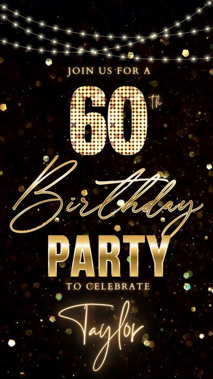 Editable black gold glitter 60th birthday birthday video invitation displayed on a mobile phone, featuring an animated vertical digital invite with music, created in Canva. This premium video invitation template is designed for sharing by text, email, and social media and works with an interactive RSVP website for easy guest response tracking.