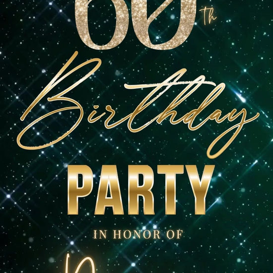 Editable teal glam 60th birthday birthday video invitation displayed on a mobile phone, featuring an animated vertical digital invite with music, created in Canva. This premium video invitation template is designed for sharing by text, email, and social media and works with an interactive RSVP website for easy guest response tracking.