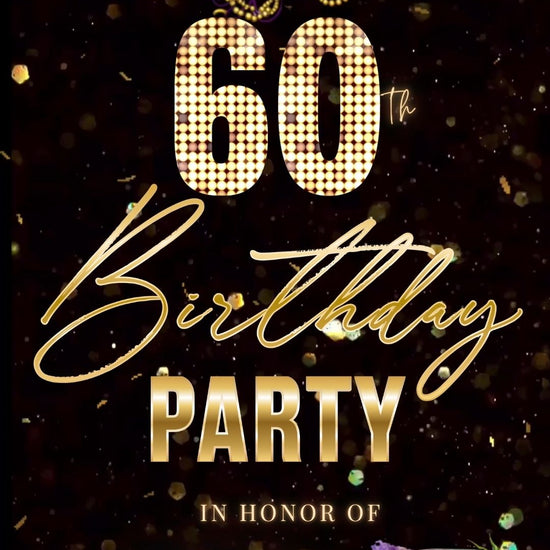 Editable mardi gras masquerade 60th birthday birthday video invitation displayed on a mobile phone, featuring an animated vertical digital invite with music, created in Canva. This premium video invitation template is designed for sharing by text, email, and social media and works with an interactive RSVP website for easy guest response tracking.