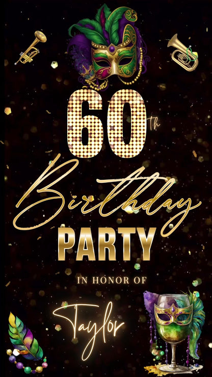 Editable mardi gras masquerade 60th birthday birthday video invitation displayed on a mobile phone, featuring an animated vertical digital invite with music, created in Canva. This premium video invitation template is designed for sharing by text, email, and social media and works with an interactive RSVP website for easy guest response tracking.