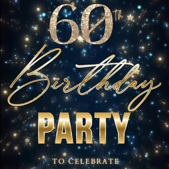 Editable teal gold star confetti 60th birthday birthday video invitation displayed on a mobile phone, featuring an animated vertical digital invite with music, created in Canva. This premium video invitation template is designed for sharing by text, email, and social media and works with an interactive RSVP website for easy guest response tracking.