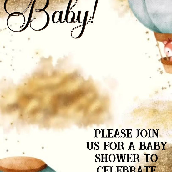 Editable woodland hot air balloon baby shower baby shower video invitation displayed on a mobile phone, featuring an animated vertical digital invite with music, created in Canva. This premium video invitation template is designed for sharing by text, email, and social media and works with an interactive RSVP website for easy guest response tracking.