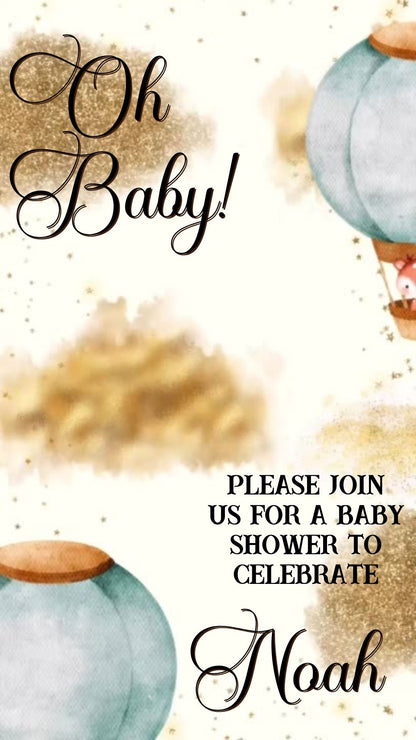 Editable woodland hot air balloon baby shower baby shower video invitation displayed on a mobile phone, featuring an animated vertical digital invite with music, created in Canva. This premium video invitation template is designed for sharing by text, email, and social media and works with an interactive RSVP website for easy guest response tracking.