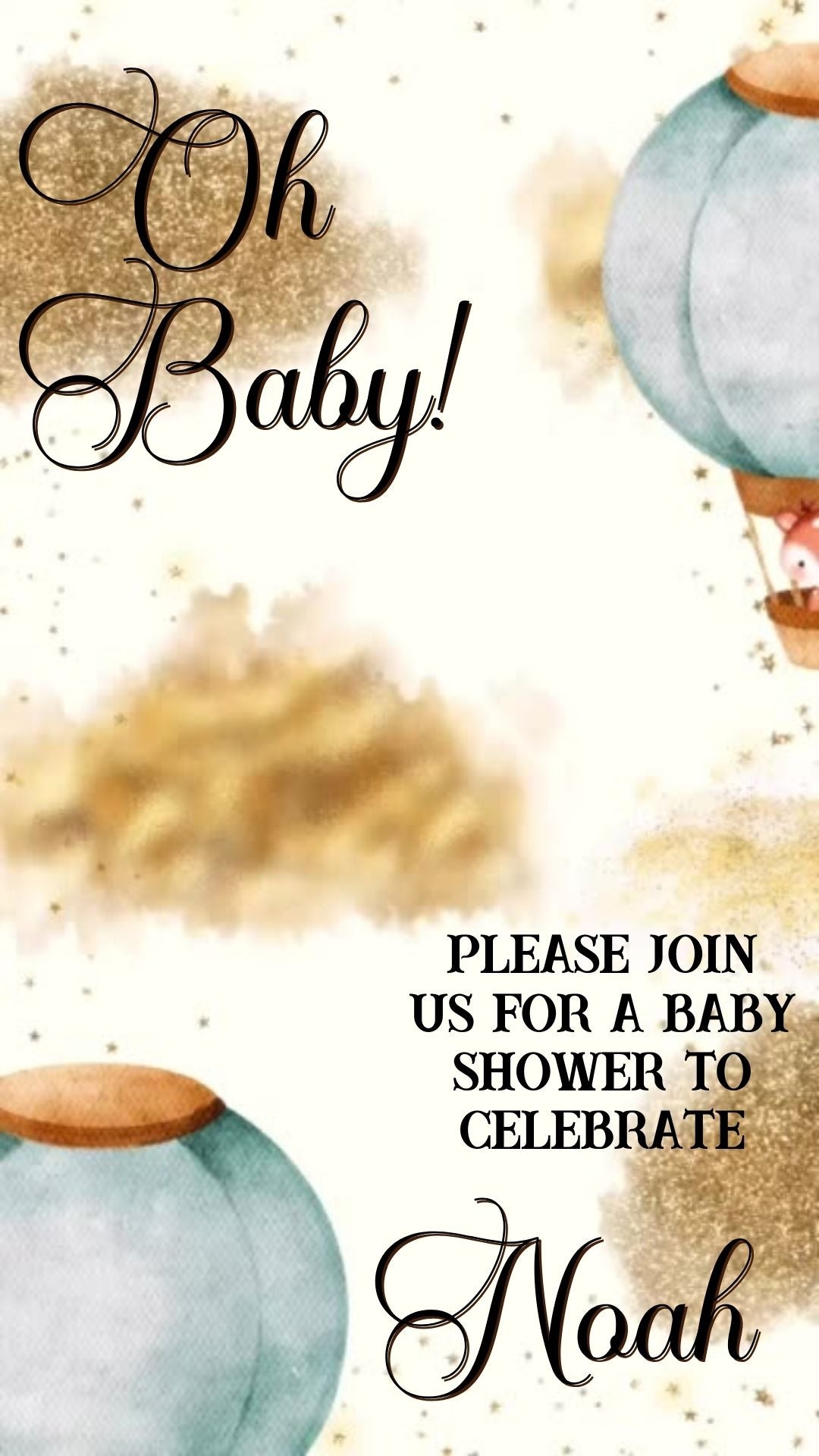 Editable woodland hot air balloon baby shower baby shower video invitation displayed on a mobile phone, featuring an animated vertical digital invite with music, created in Canva. This premium video invitation template is designed for sharing by text, email, and social media and works with an interactive RSVP website for easy guest response tracking.