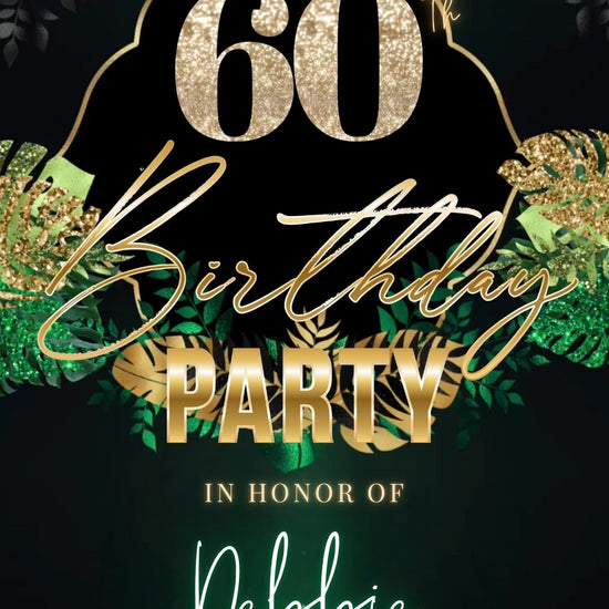 Editable safari green gold 60th birthday birthday video invitation displayed on a mobile phone, featuring an animated vertical digital invite with music, created in Canva. This premium video invitation template is designed for sharing by text, email, and social media and works with an interactive RSVP website for easy guest response tracking.