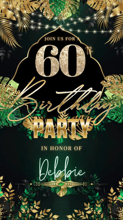Editable safari green gold 60th birthday birthday video invitation displayed on a mobile phone, featuring an animated vertical digital invite with music, created in Canva. This premium video invitation template is designed for sharing by text, email, and social media and works with an interactive RSVP website for easy guest response tracking.