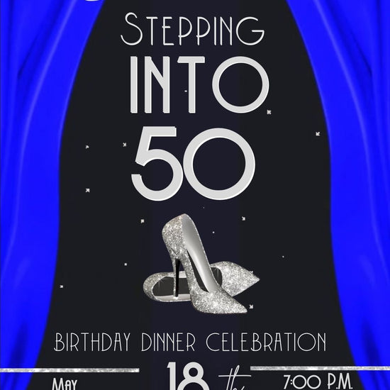 Editable royal blue elegant 50th birthday video invitation video invitation displayed on a mobile phone, featuring an animated vertical digital invite with music, created in Canva. This premium video invitation template is designed for sharing by text, email, and social media and works with an interactive RSVP website for easy guest response tracking.