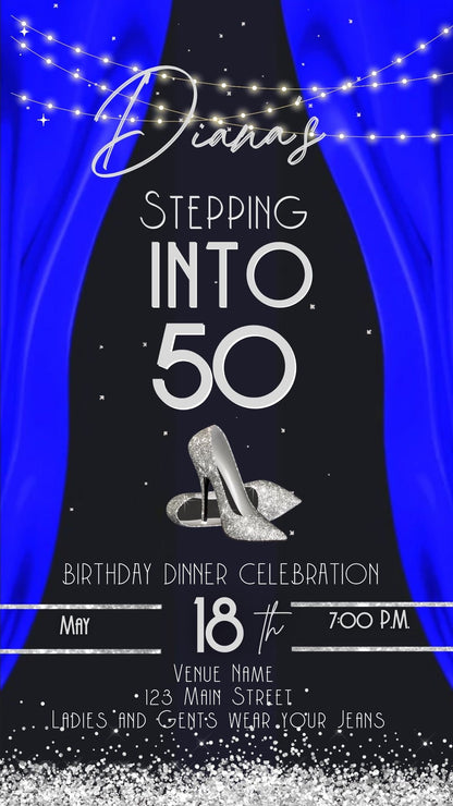 Editable royal blue elegant 50th birthday video invitation video invitation displayed on a mobile phone, featuring an animated vertical digital invite with music, created in Canva. This premium video invitation template is designed for sharing by text, email, and social media and works with an interactive RSVP website for easy guest response tracking.