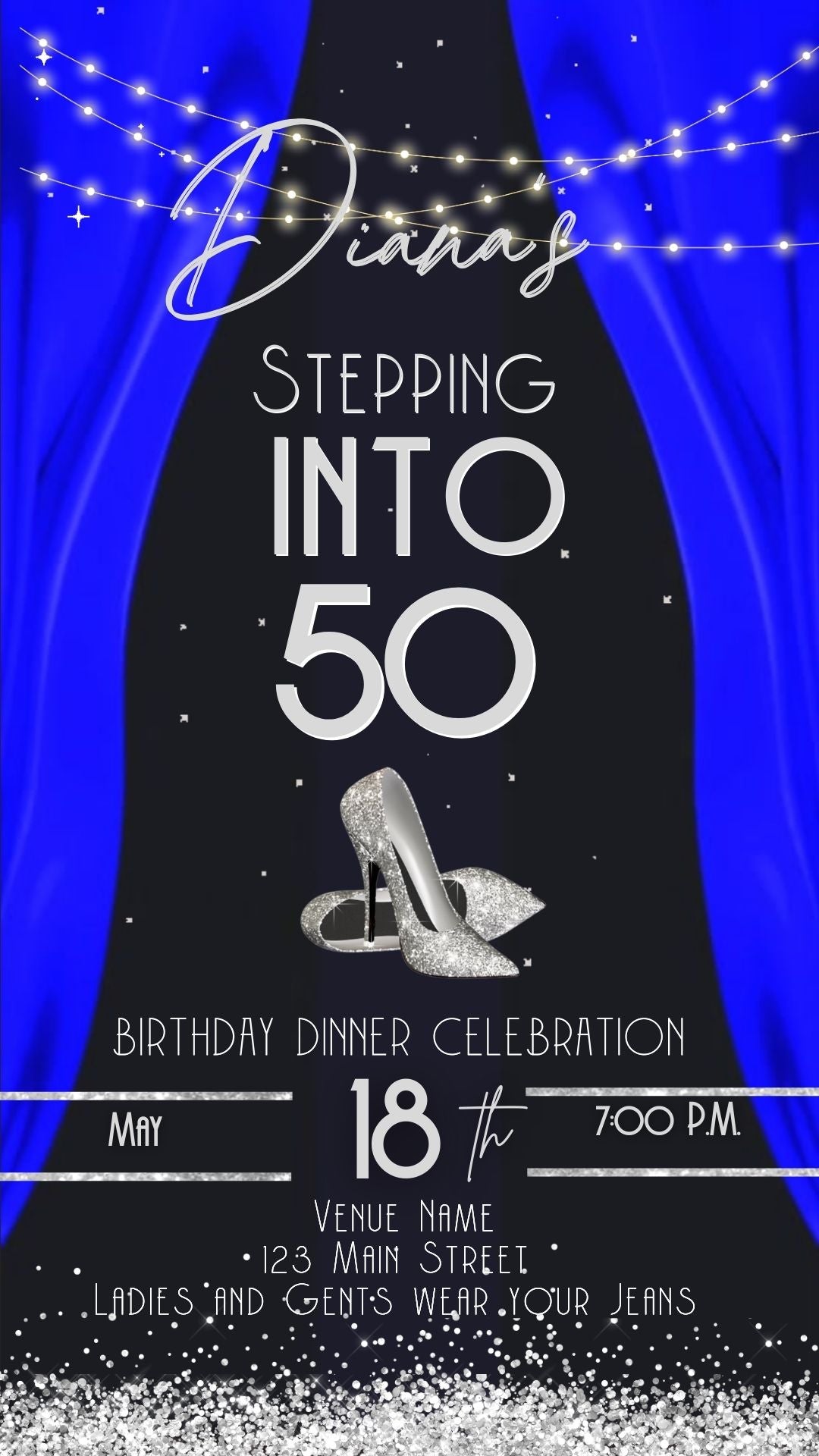 Editable royal blue elegant 50th birthday video invitation video invitation displayed on a mobile phone, featuring an animated vertical digital invite with music, created in Canva. This premium video invitation template is designed for sharing by text, email, and social media and works with an interactive RSVP website for easy guest response tracking.