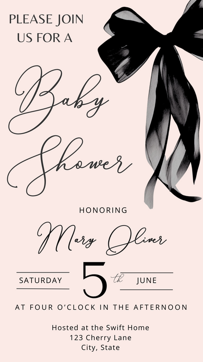 Pink & Black Bow Video Invitation | Digital Coquette Party Invite | Editable Online Template