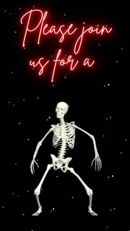 Editable neon skeleton halloween costume party party video invitation displayed on a mobile phone, featuring an animated vertical digital invite with music, created in Canva. This premium video invitation template is designed for sharing by text, email, and social media and works with an interactive RSVP website for easy guest response tracking.