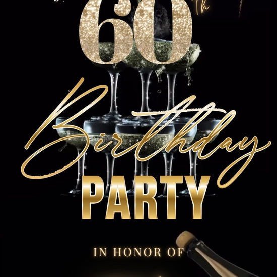 Editable luxury gold champagne 60th birthday birthday video invitation displayed on a mobile phone, featuring an animated vertical digital invite with music, created in Canva. This premium video invitation template is designed for sharing by text, email, and social media and works with an interactive RSVP website for easy guest response tracking.