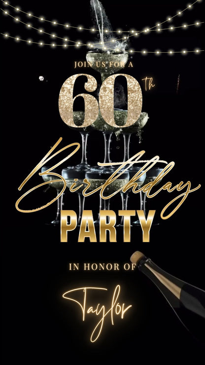 Editable luxury gold champagne 60th birthday birthday video invitation displayed on a mobile phone, featuring an animated vertical digital invite with music, created in Canva. This premium video invitation template is designed for sharing by text, email, and social media and works with an interactive RSVP website for easy guest response tracking.