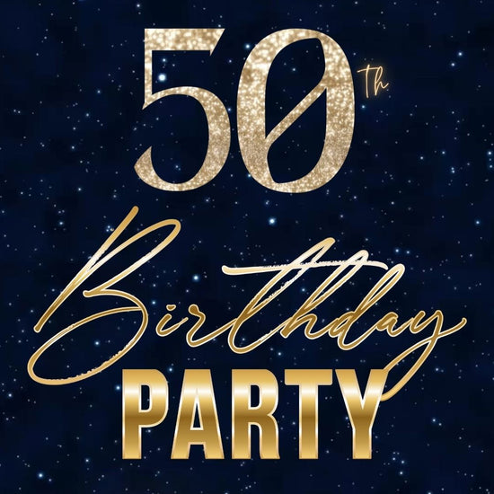 Editable blue shimmer 50th birthday video invitation displayed on a mobile phone, featuring an animated vertical digital invite with music, created in Canva. This premium video invitation template is designed for sharing by text, email, and social media and works with an interactive RSVP website for easy guest response tracking.