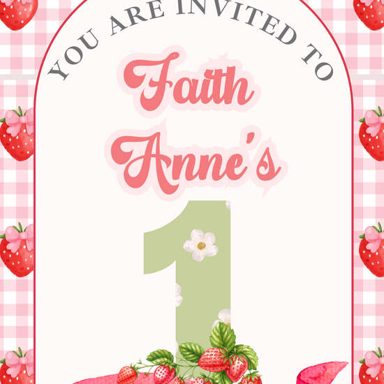 Phone screen showing pink strawberry video invite with animated berries