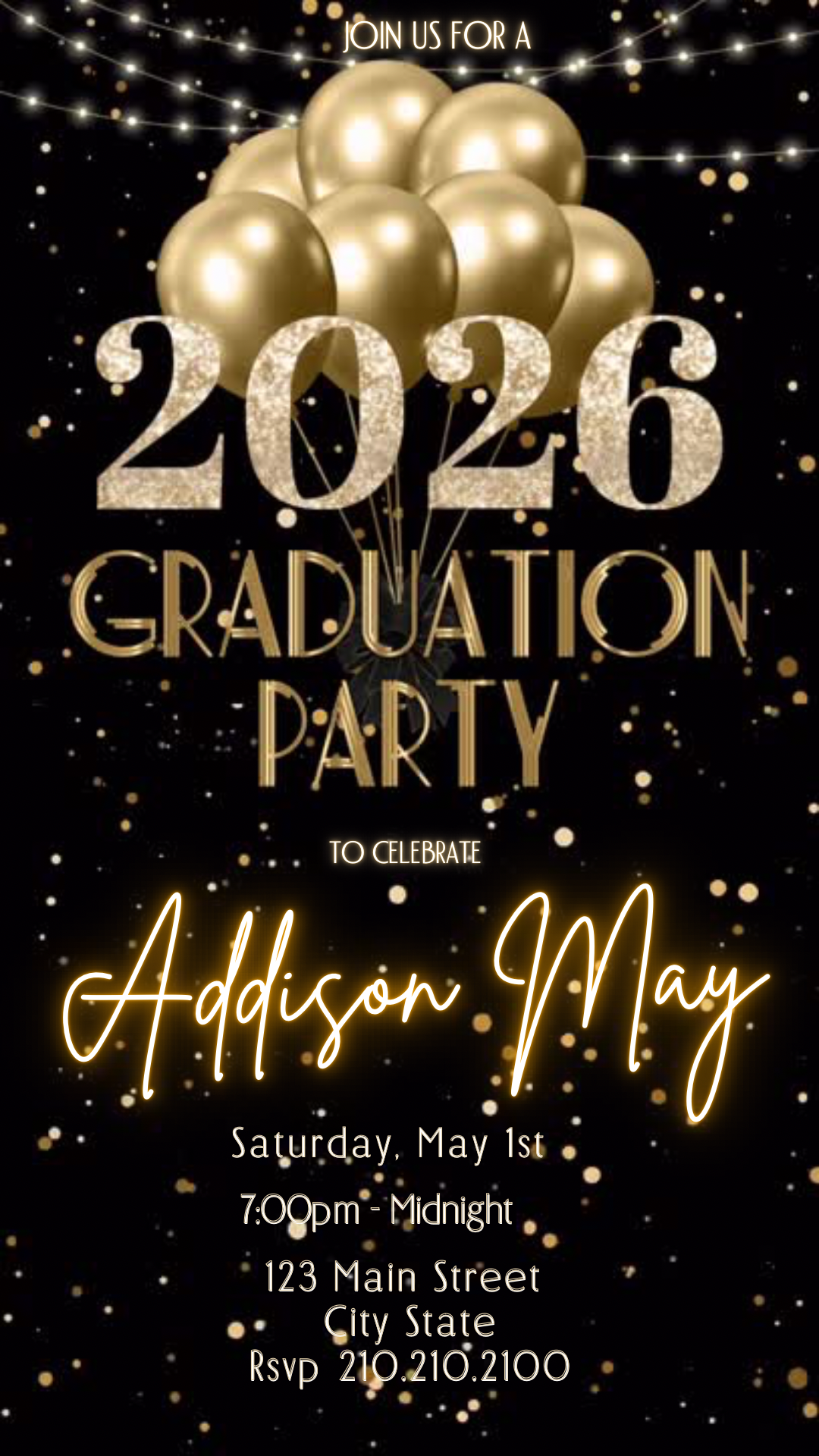Graduation Party Video Invitation | Black and Gold Graduation RSVP Invite | Editable Online RSVP Evite Canva Template