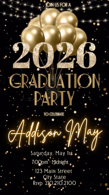 Graduation Party Video Invitation | Black and Gold Graduation RSVP Invite | Editable Online RSVP Evite Canva Template