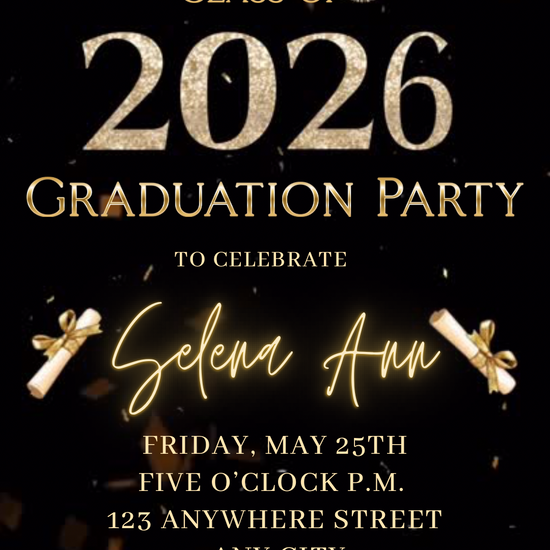 Class of 2026 graduation video invitation and announcement with sparkling gold glitter cap, gold script, and customizable Canva layout. Features multiple senior photo slots, modern black background, and elegant graduation details. Perfect for 2026 grad parties, ceremony invites, digital announcements, and social media sharing. Fully editable and mobile-friendly.
