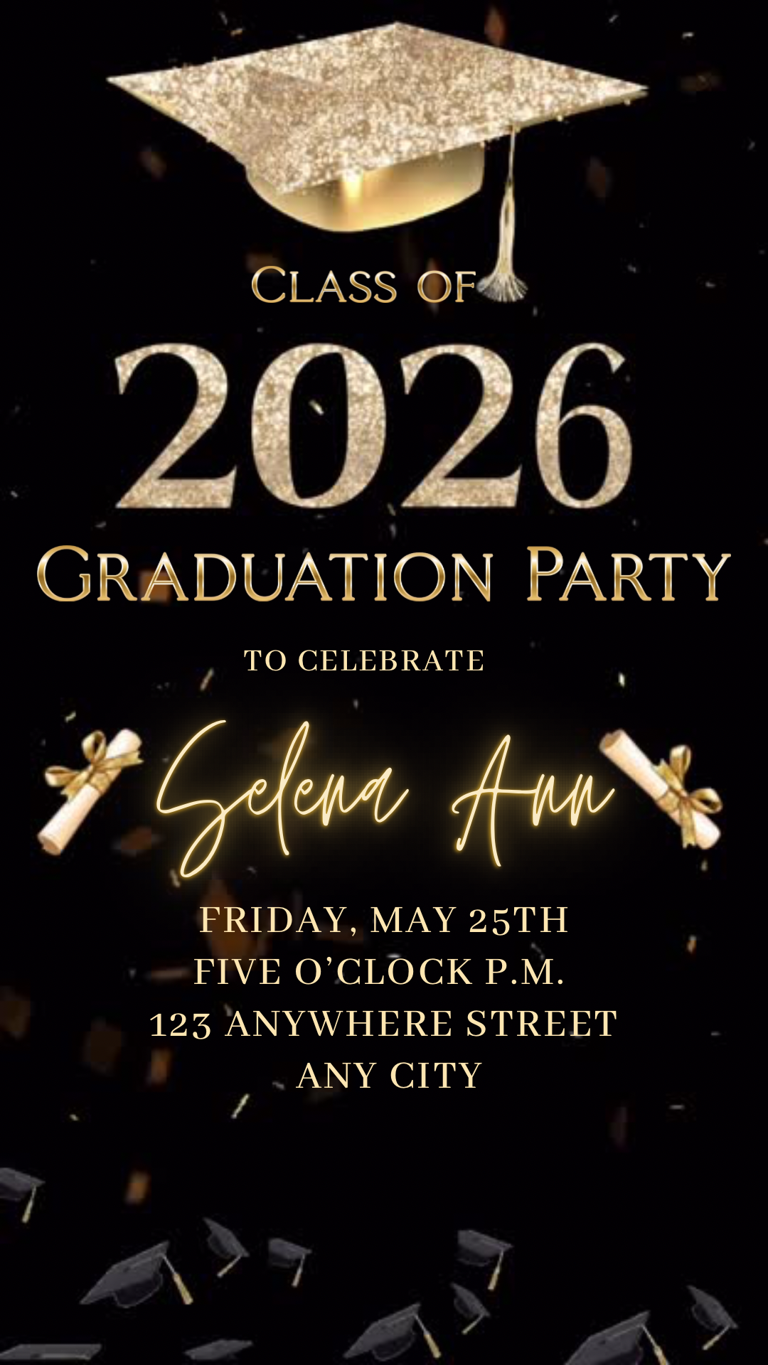 Class of 2026 graduation video invitation and announcement with sparkling gold glitter cap, gold script, and customizable Canva layout. Features multiple senior photo slots, modern black background, and elegant graduation details. Perfect for 2026 grad parties, ceremony invites, digital announcements, and social media sharing. Fully editable and mobile-friendly.
