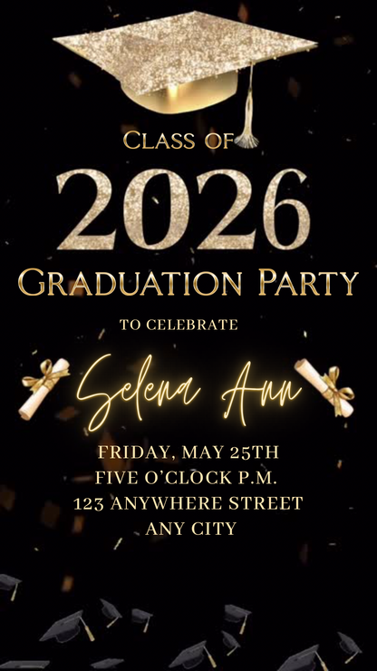 Class of 2026 graduation video invitation and announcement with sparkling gold glitter cap, gold script, and customizable Canva layout. Features multiple senior photo slots, modern black background, and elegant graduation details. Perfect for 2026 grad parties, ceremony invites, digital announcements, and social media sharing. Fully editable and mobile-friendly.
