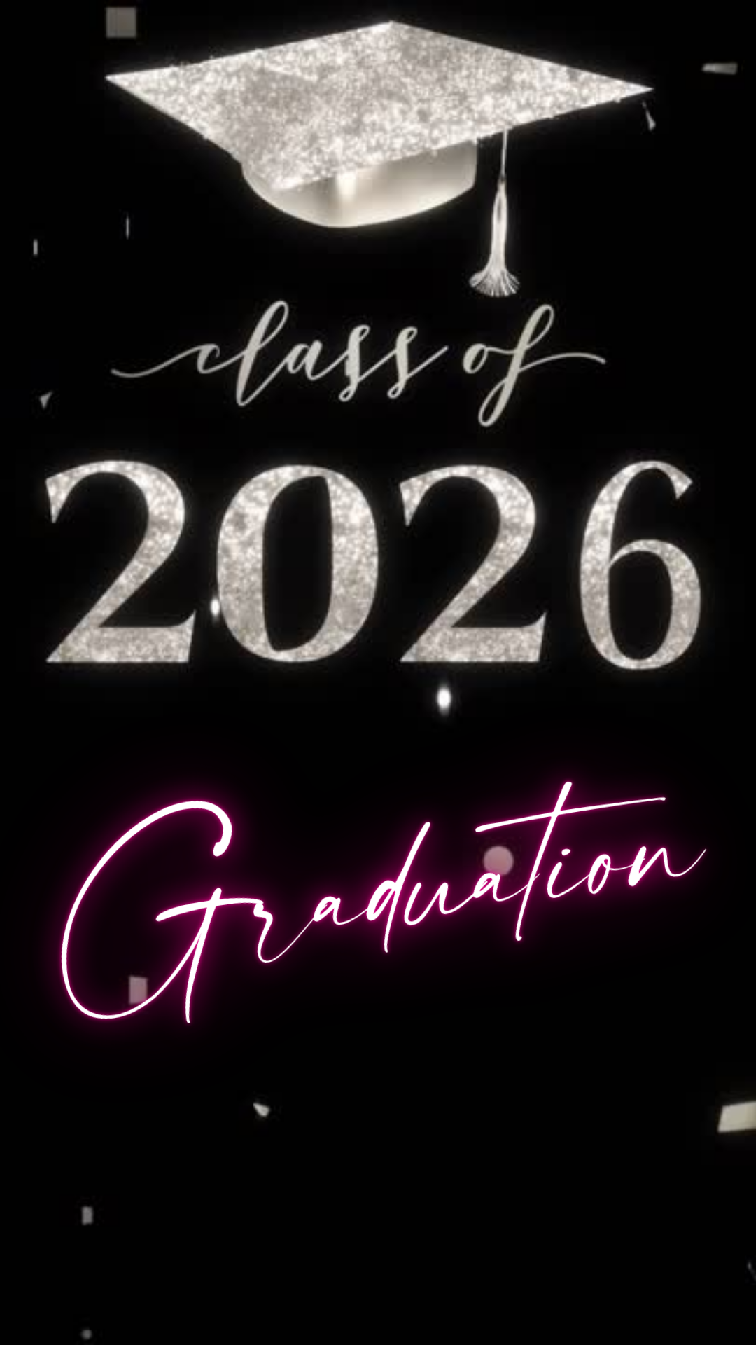 Class of 2026 graduation video invitation and announcement with sparkling silver glitter cap, neon pink script, and customizable Canva layout. Features multiple senior photo slots, modern black background, and elegant graduation details. Perfect for 2026 grad parties, ceremony invites, digital announcements, and social media sharing. Fully editable and mobile-friendly.

