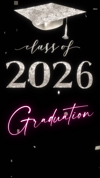 Class of 2026 graduation video invitation and announcement with sparkling silver glitter cap, neon pink script, and customizable Canva layout. Features multiple senior photo slots, modern black background, and elegant graduation details. Perfect for 2026 grad parties, ceremony invites, digital announcements, and social media sharing. Fully editable and mobile-friendly.
