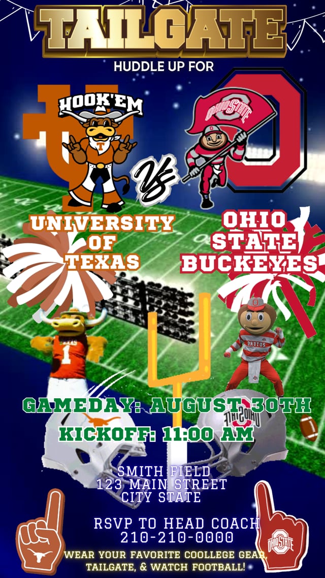 Editable University of Texas vs. Ohio State Buckeyes tailgate party invitation. Digital Canva template with instant access, no PDF, perfect for mobile sharing. Features bold team logos, mascots, and football field background for a gameday rivalry party. Great for tailgates, watch parties, and college football events. Customize instantly and send via text, email, or social media.