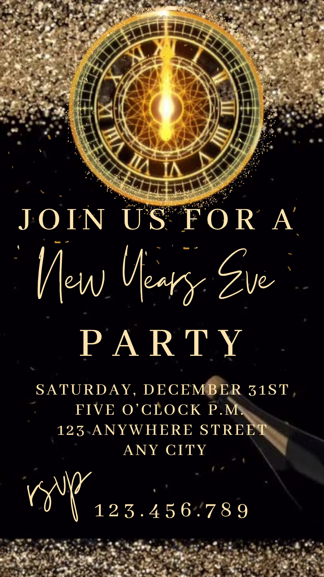 Silver Glitter Clock Countdown Video Invitation | Digital Champagne New Year's Eve Invite | Editable Online Template