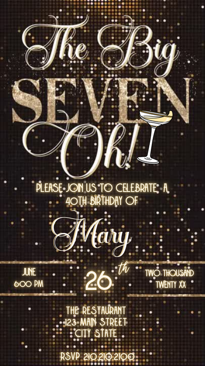 The Big Seven-Oh 70th Birthday Video Invitation — Elegant Gold Glam Design