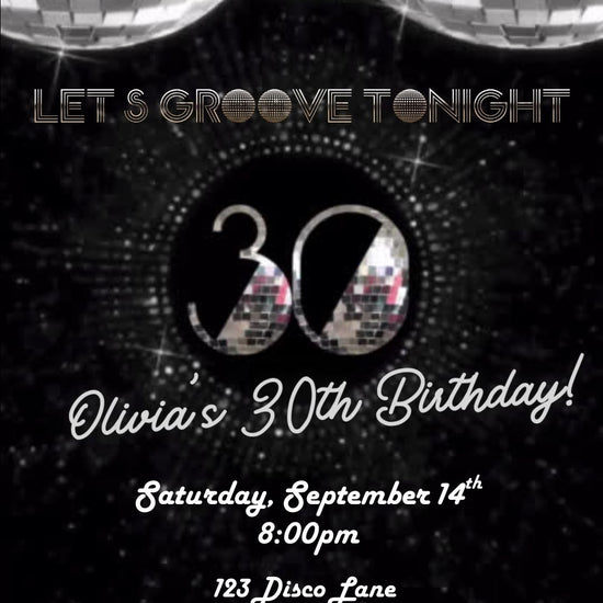 Editable silver disco 30th birthday video invitation displayed on a mobile phone, featuring an animated vertical digital invite with music, created in Canva. This premium video invitation template is designed for sharing by text, email, and social media and works with an interactive RSVP website for easy guest response tracking.