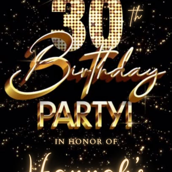 Editable black gold fireworks 30th birthday video invitation displayed on a mobile phone, featuring an animated vertical digital invite with music, created in Canva. This premium video invitation template is designed for sharing by text, email, and social media and works with an interactive RSVP website for easy guest response tracking.