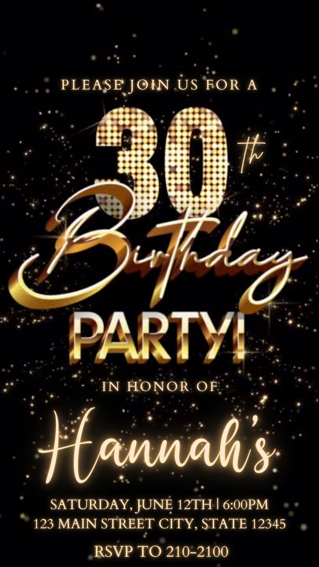 Editable black gold fireworks 30th birthday video invitation displayed on a mobile phone, featuring an animated vertical digital invite with music, created in Canva. This premium video invitation template is designed for sharing by text, email, and social media and works with an interactive RSVP website for easy guest response tracking.