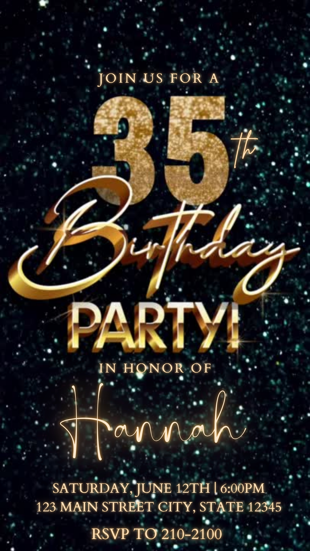 Teal Gold Glitter 35th Milestone Video Invitation | Digital Sparkle Invite | Editable Online Template