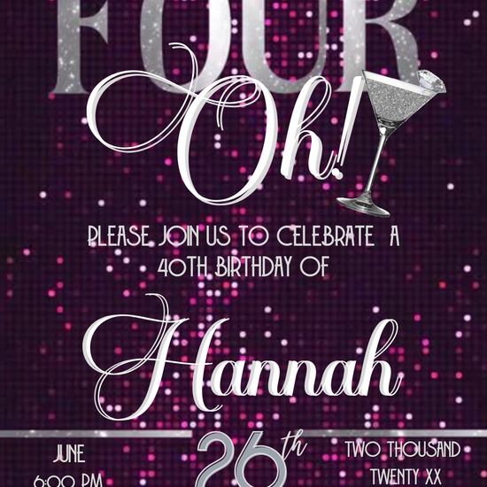 Pink Glam The Big Four-Oh 40th Birthday Video Invitation — Silver Sparkle Theme