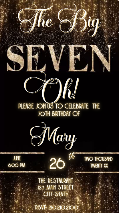 Gold Curtain The Big Seven-Oh 70th Birthday Video Invitation — Elegant Theme