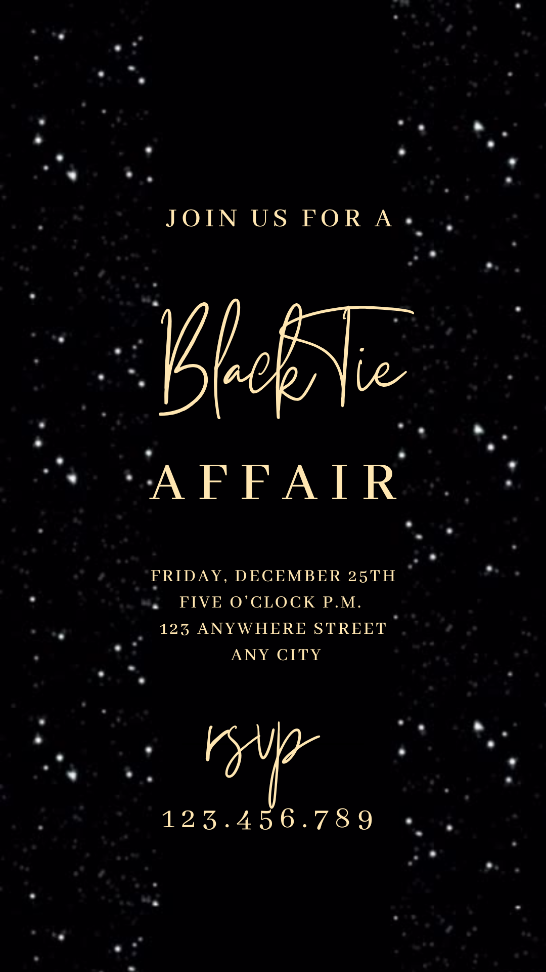 Black Glitter Glam Video Invitation — Elegant Gold Text Digital Template
