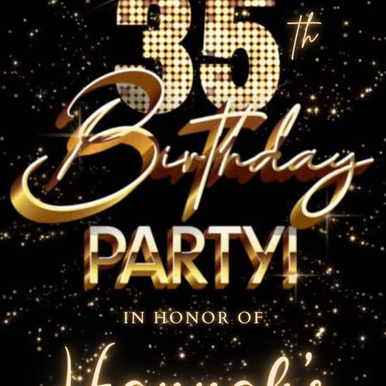 Editable black gold fireworks 35th birthday video invitation displayed on a mobile phone, featuring an animated vertical digital invite with music, created in Canva. This premium video invitation template is designed for sharing by text, email, and social media and works with an interactive RSVP website for easy guest response tracking.