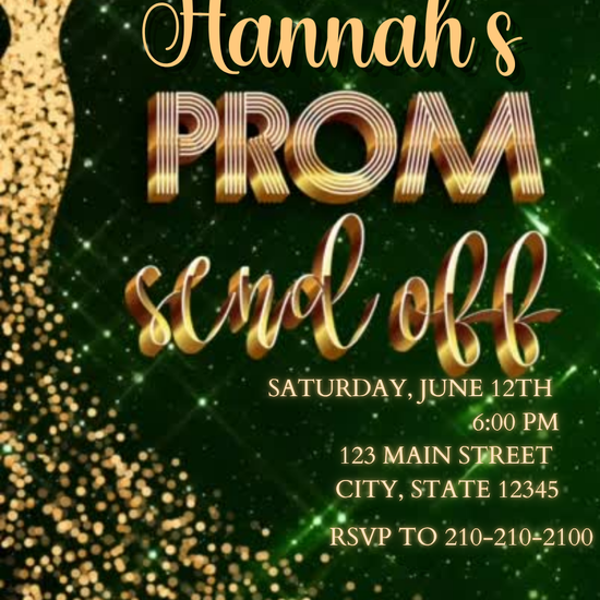 Green Gold Sequin Prom Send Off Video Invitation | Digital Glamour Invite | Editable Online Template