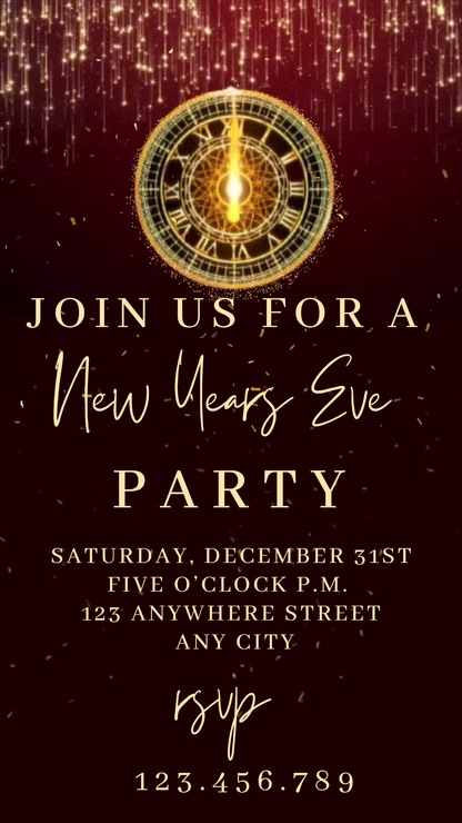 Burgundy Red Clock Countdown Video Invitation | Digital Elegant New Year's Eve Invite | Editable Online Template
