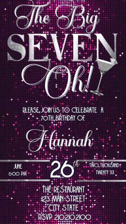 Glamorous 70th Birthday Video Invitation – Pink Sparkle & Silver Theme