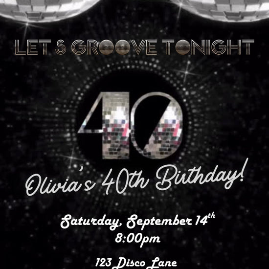 Editable disco silver 40th birthday video invitation displayed on a mobile phone, featuring an animated vertical digital invite with music, created in Canva. This premium video invitation template is designed for sharing by text, email, and social media and works with an interactive RSVP website for easy guest response tracking.