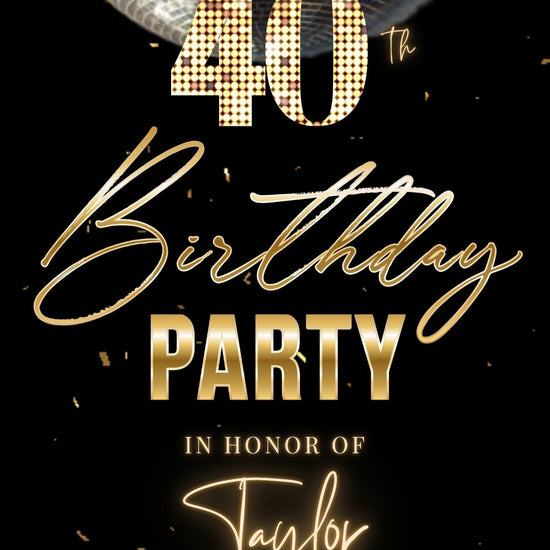 Editable black gold disco 40th birthday birthday video invitation displayed on a mobile phone, featuring an animated vertical digital invite with music, created in Canva. This premium video invitation template is designed for sharing by text, email, and social media and works with an interactive RSVP website for easy guest response tracking.