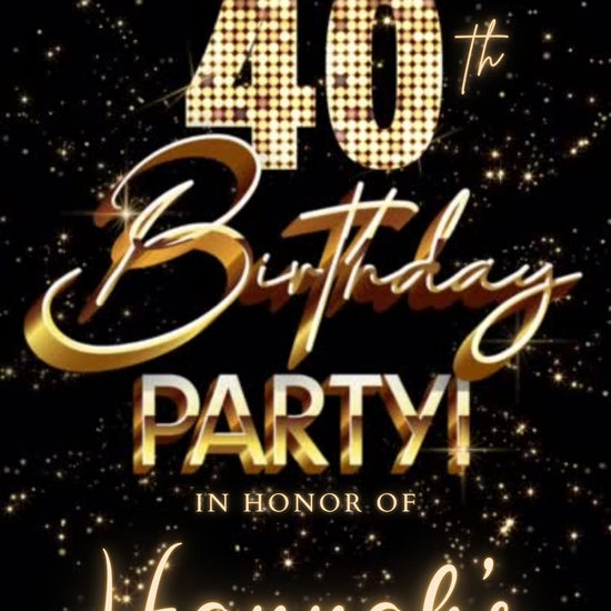 Editable black gold fireworks 40th birthday video invitation displayed on a mobile phone, featuring an animated vertical digital invite with music, created in Canva. This premium video invitation template is designed for sharing by text, email, and social media and works with an interactive RSVP website for easy guest response tracking.