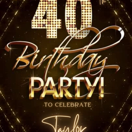 Editable gold glitter 40th birthday video invitation displayed on a mobile phone, featuring an animated vertical digital invite with music, created in Canva. This premium video invitation template is designed for sharing by text, email, and social media and works with an interactive RSVP website for easy guest response tracking.