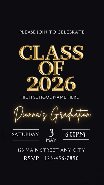 Class of 2026 Graduation Video Invitation | Digital Gold Graduate Invite | Editable Online Template