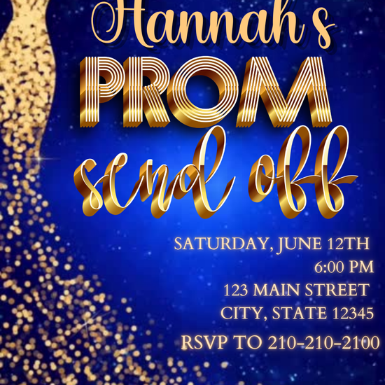Blue Gold Sequin Glamour Prom Video Invitation | Digital Send Off Invite | Editable Online Template